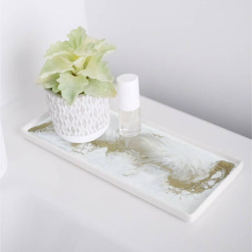 Lynn & Liana Large Ceramic Resin Trays - Handmade Canadian ceramic resin tray in Gold Quartz with abstract swirl design, perfect unique gift.