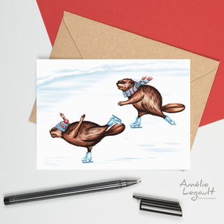 A white card with 2 beavers skating