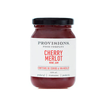 Cherry & Merlot Jam - Handmade Canadian cherry and merlot jam in a clear jar with black lid, unique gift item.
