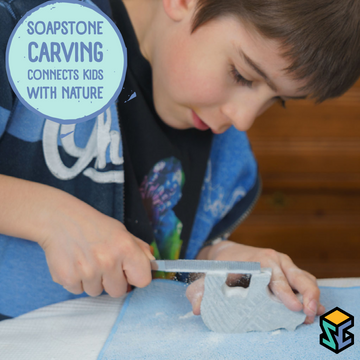 Bear Soapstone Carving Kit - Boy carving gray soapstone bear figurine with file, unique handmade Canadian gift kit.