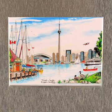 Toronto Island Skyline Magnet - Handmade Toronto Island skyline magnet with Canadian flag and cityscape, unique gift.