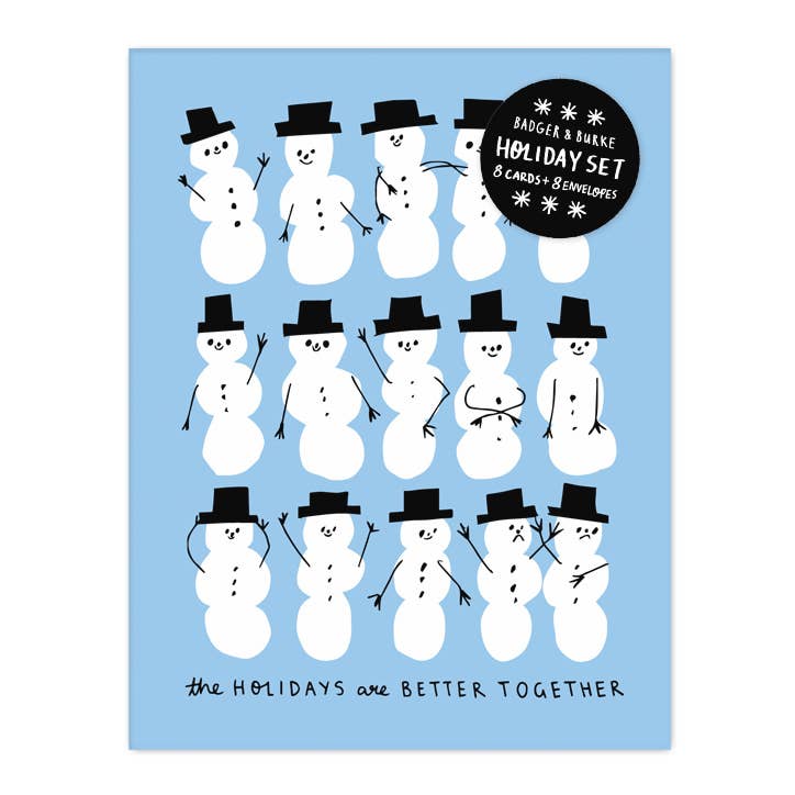 A blue card with 15 snowmen wearing black top hats with the words "The Holidays are Better Together" at the bottom of the card