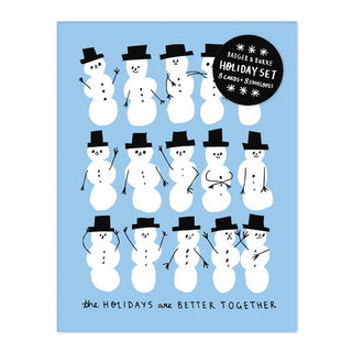 A blue card with 15 snowmen wearing black top hats with the words 