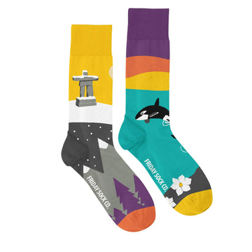 Men's Socks | Canadian Landscape | West Coast| Mismatched - Handmade mismatched men's socks with Canadian West Coast landscape and orca whale design, unique gift.