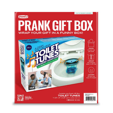 Prank Gift Box Toilet Tunes - Red and blue prank gift box packaging for handmade Canadian Toilet Tunes gift, unique humor design.
