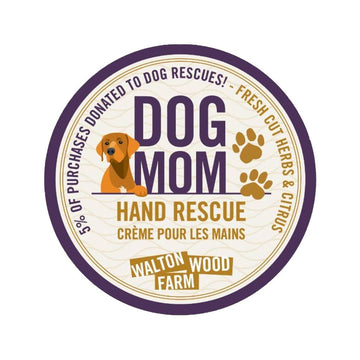 Dog Mom Hand Rescue (4oz) - Round label with dog illustration and paw prints for Dog Mom Hand Rescue cream by Walton Wood Farm, Canadian handmade gift.
