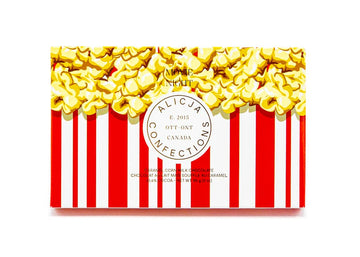 Movie Night Milk Postcard Chocolate Bar - Milk chocolate bar with popcorn topping in red and white striped Canadian handmade gift packaging.