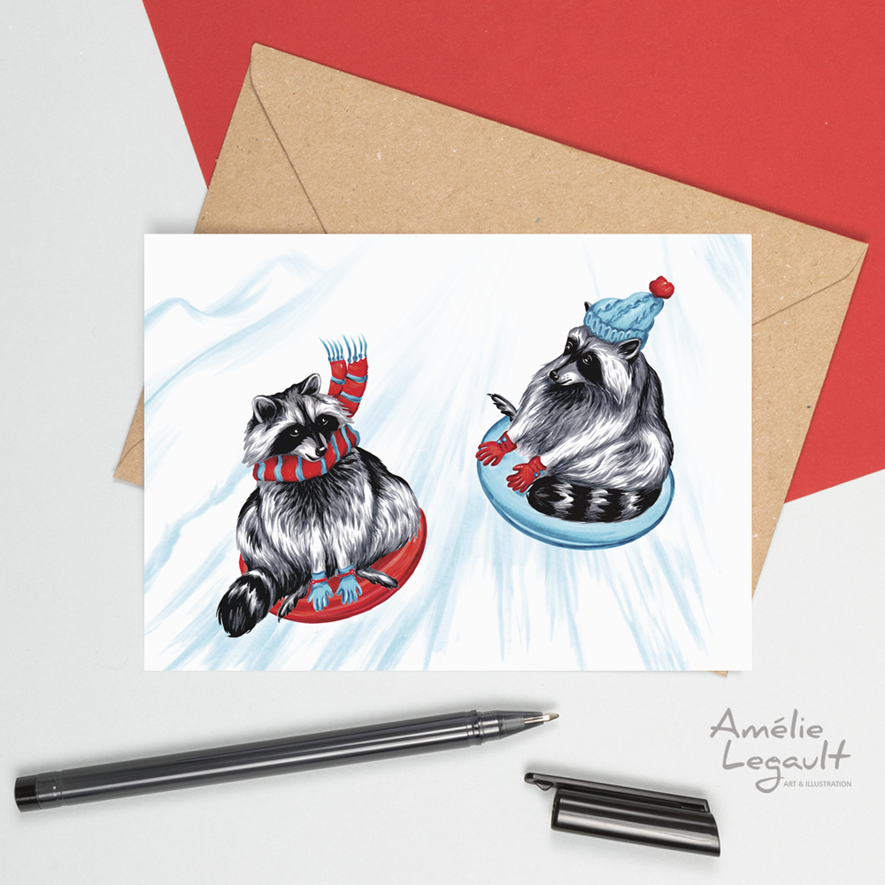 Raccoons Tobogganing Card