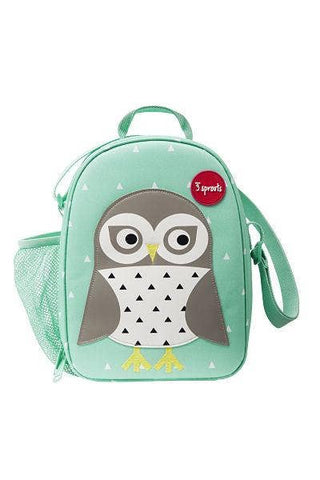 Blue lunch bag with an owl on the front