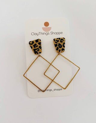  Leopard Dangles, Brass Clay Dangles, Clay Earrings