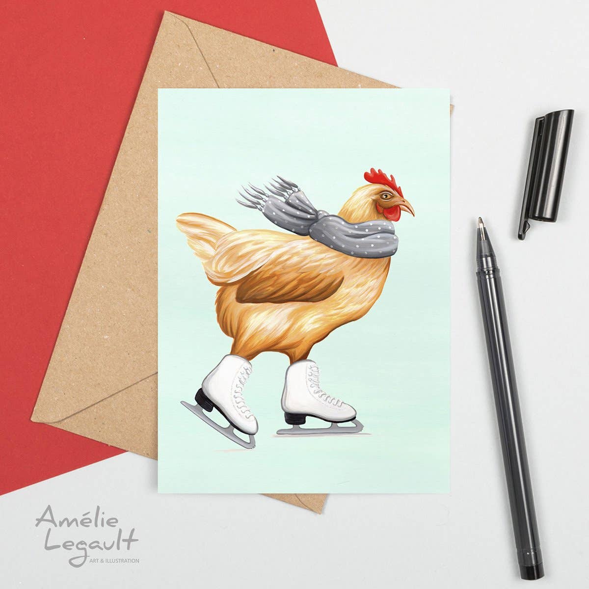 A white card with a hen skating 