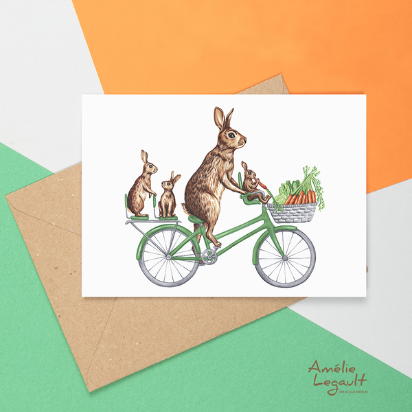 Rabbit card, bunny card, bicycle card, greeting card, family