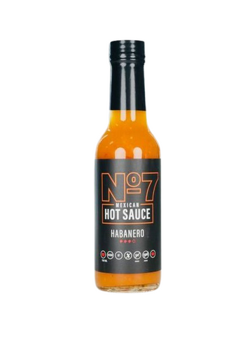 Original Habanero No7 Hot Sauce - Original Habanero No7 hot sauce in a clear glass bottle with black label, unique Canadian handmade gift.