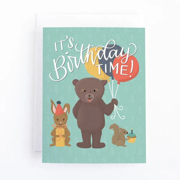 Kids Woodland Greeting Card - Handmade Canadian kids birthday card with woodland animals holding balloons, unique gift design.