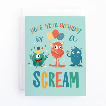 Monster Greeting Card - Handmade Canadian birthday card with colorful monsters and playful "Hope your birthday is a scream" text, unique gift.