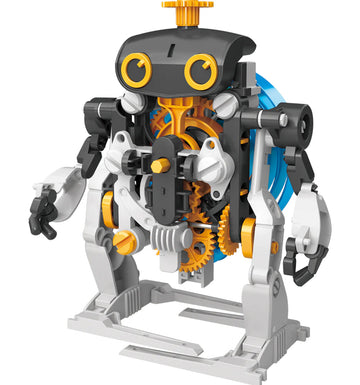 SpringBots: 3-in-1 spring-Powered Machines - Handmade Canadian 3-in-1 spring-powered robot toy with yellow and gray gears, unique STEM gift.