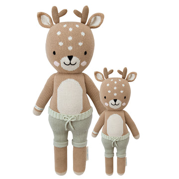 Elliott the Fawn - Handmade Canadian knitted Elliott the Fawn toys in two sizes, soft brown with white spots, unique baby gift.