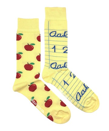 Men’s Teacher’s Apple Socks/ Size 7-12 - Yellow crew socks with red apples and notebook paper print, unique handmade Canadian gift.