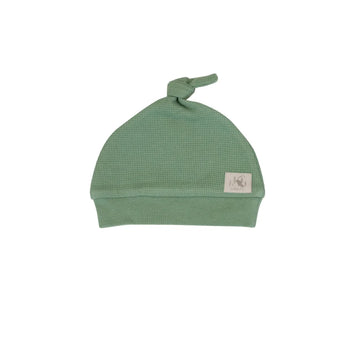 Mini Waffle Collection - Newborn Hat - Handmade pine green newborn hat with top knot, unique Canadian mini waffle gift.