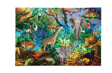 100 PC Holographic Puzzle: Jungle Paradise - 100-piece handmade Canadian jungle puzzle featuring giraffe, elephant, zebra, and vibrant tropical animals, unique kids gift.