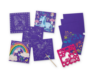 Sparkle Scratch Art: Unicorn - Sparkle Scratch Art Unicorn set with purple scratch boards, wooden stylus, and colorful stencils, unique handmade Canadian.
