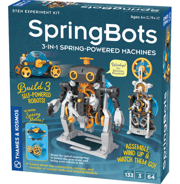 SpringBots: 3-in-1 spring-Powered Machines - SpringBots 3-in-1 handmade Canadian STEM kit for building unique spring-powered machines, ideal gift for kids ages 5+.