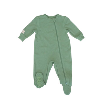 Mini Waffle Collection - Footed Sleeper - Green mini waffle footed sleeper with front snap closure, handmade Canadian baby gift.