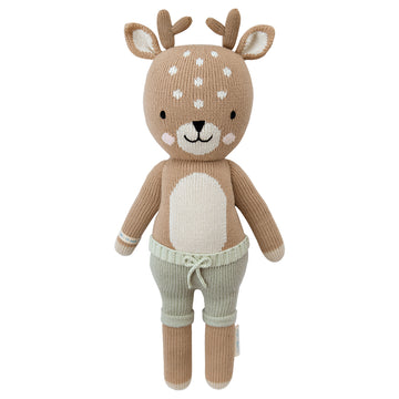 Elliott the Fawn - Handmade knitted fawn plush with antlers and mint green pants, unique Canadian baby gift.