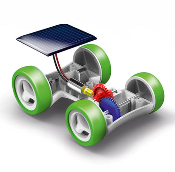 Solar Race Car - Handmade Canadian solar race car toy with green wheels and a blue solar panel, unique STEM gift.