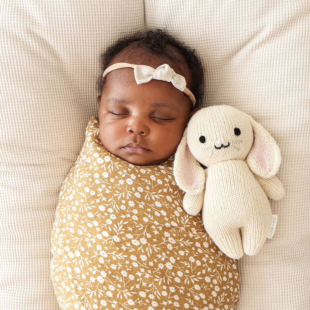 Baby bunny stuffy next to a baby