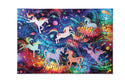 Unicorns of different colours floating in space while surrounded by planets, rainbows and shooting stars