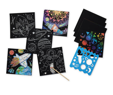 Sparkle Scratch Art: Space Explorer - Sparkle Scratch Art Space Explorer kit with black scratch sheets, wooden stylus, and colorful stencils, unique handmade.