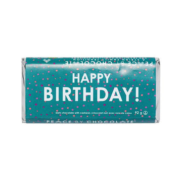 Happy Birthday Chocolate Bar (Peace by Chocolate) - Happy Birthday milk chocolate bar with teal packaging and colorful confetti, handmade Canadian gift.