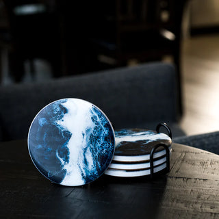  Lynn & Liana Ceramic Resin Art Coasters - Navy White Metallic