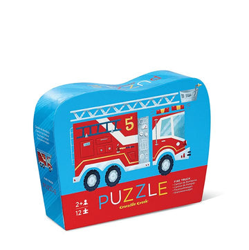 12 PC Mini Puzzle: Fire Truck - Handmade Canadian 12-piece mini fire truck puzzle for kids with bright red and blue colors, unique gift packaging.