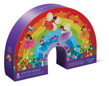 36 PC Puzzle: Over the Rainbow - 36-piece handmade Canadian puzzle shaped like a colorful rainbow with dancing fairies, perfect unique gift for kids.