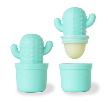 Teal Cactus Lip Balm- Scent: Summer Citrus - Teal cactus-shaped lip balm with removable pot, unique handmade Canadian gift with summer citrus scent.