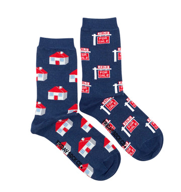 Women’s Mismatched Real Estate Socks/ Size 5-10 - Navy mismatched socks with red and white Canadian-style houses and "For Sale" signs, handmade unique gift.