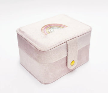 Dreamy Rainbow Jewellery Box - Soft pink velvet jewellery box with embroidered rainbow, handmade Canadian gift.