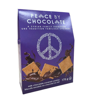 Chocolate Covered Cookies (Peace by Chocolate) - Purple box of Peace by Chocolate handmade milk chocolate covered cookies with Canadian branding and peace symbol.