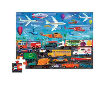48 PC Above & Below Puzzle: Things That Go - 48-piece colorful puzzle featuring planes and vehicles, unique handmade Canadian gift.