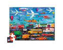 Different vehicles make up the bottom half of the puzzle including a school bus, taxi, ambulance and Jeep while the top half depicts different air vehicles such as a helicopter, hot air balloon, airplanes, and blimps. 