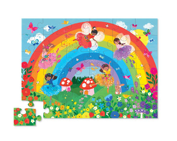36 PC Puzzle: Over the Rainbow - 36-piece handmade Canadian puzzle with colorful rainbow, butterflies, fairies, and flowers, unique gift for kids.