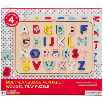 Multi-Language Alphabet Wooden Tray Puzzle - Multi-language alphabet wooden tray puzzle with colorful letters, handmade Canadian gift.