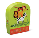 12 PC Mini Puzzle: Jungle Friends - Green curved box featuring stacked cartoon jungle animals for a unique handmade Canadian kids puzzle gift.