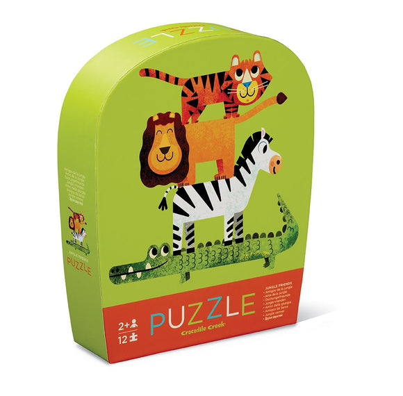 12 PC Mini Puzzle: Jungle Friends - Green curved box featuring stacked cartoon jungle animals for a unique handmade Canadian kids puzzle gift.