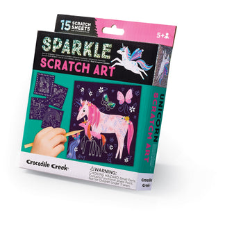 Sparkle Scratch Art: Unicorn - Sparkle Scratch Art unicorn kit with 15 sheets, colorful magical designs, unique handmade Canadian gift.