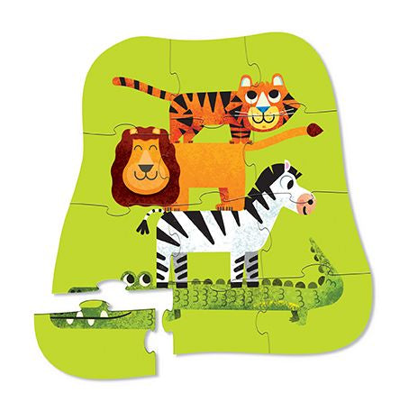 12 PC Mini Puzzle: Jungle Friends - 12-piece handmade Canadian jigsaw puzzle with stack of jungle animals on green background, unique gift for kids.