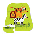 12 PC Mini Puzzle: Jungle Friends - 12-piece handmade Canadian jigsaw puzzle with stack of jungle animals on green background, unique gift for kids.