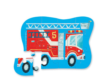 12 PC Mini Puzzle: Fire Truck - 12-piece handmade Canadian mini jigsaw puzzle featuring a red fire truck on blue background, unique gift for kids aged 2-4.